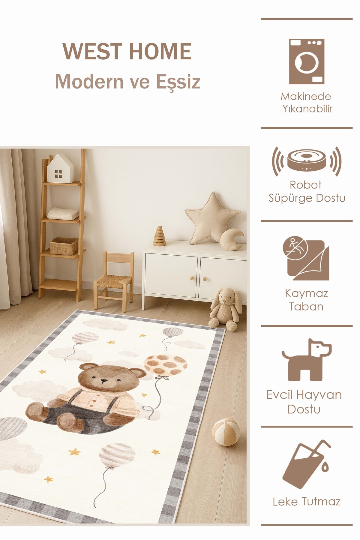 West Home Makinede Yıkanabilir, Çocuk Halısı-792 Beige