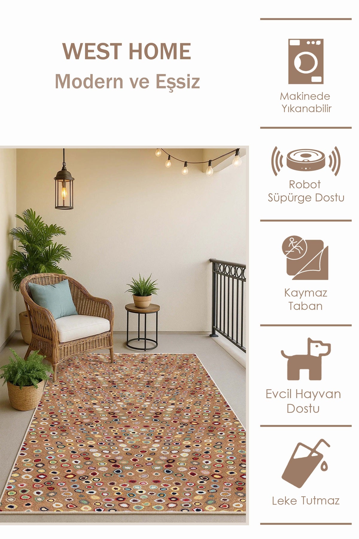West Home Dijital Baskılı Yıkanabilir Kaymaz Taban Salon, Mutfak ve Yolluk Halısı-793 Multy