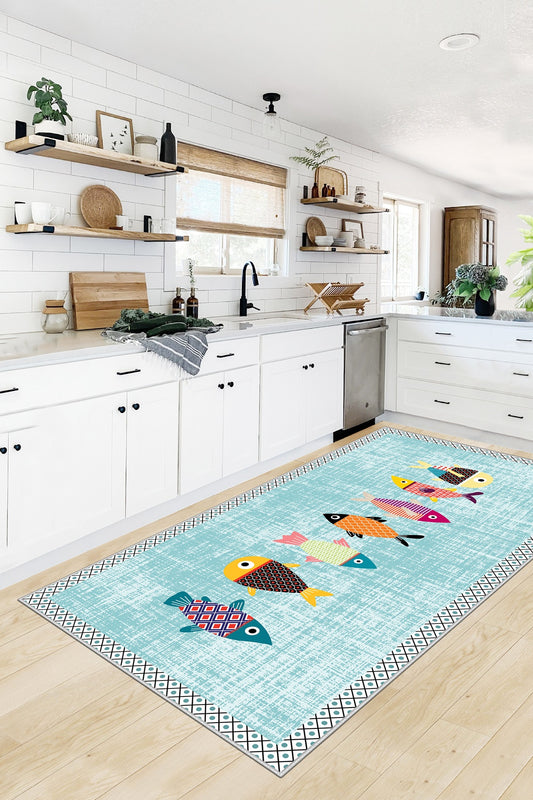 West Home Dijital Baskılı Yıkanabilir Kaymaz Taban Mutfak Halısı-342 Turquoise