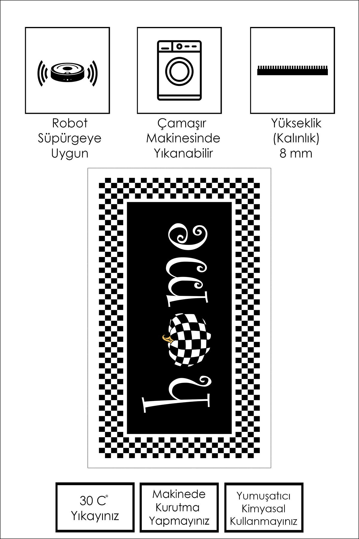 West Home Dijital Baskılı Yıkanabilir Kaymaz Taban Mutfak Halısı-358 Black-White