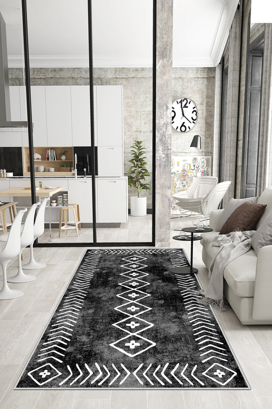 West Home Dijital Baskılı Yıkanabilir Kaymaz Taban Salon, Mutfak ve Yolluk Halısı-375 Black