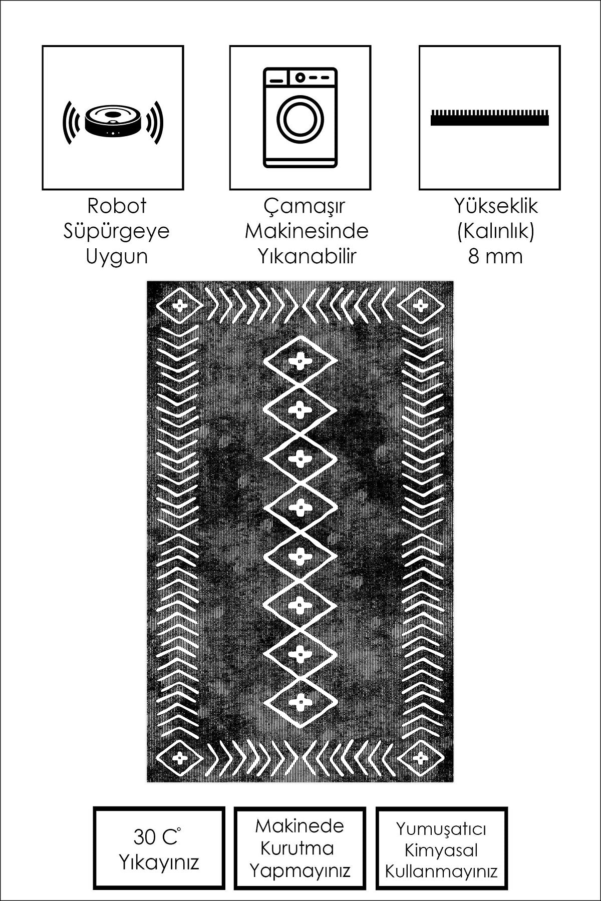 West Home Dijital Baskılı Yıkanabilir Kaymaz Taban Salon, Mutfak ve Yolluk Halısı-375 Black