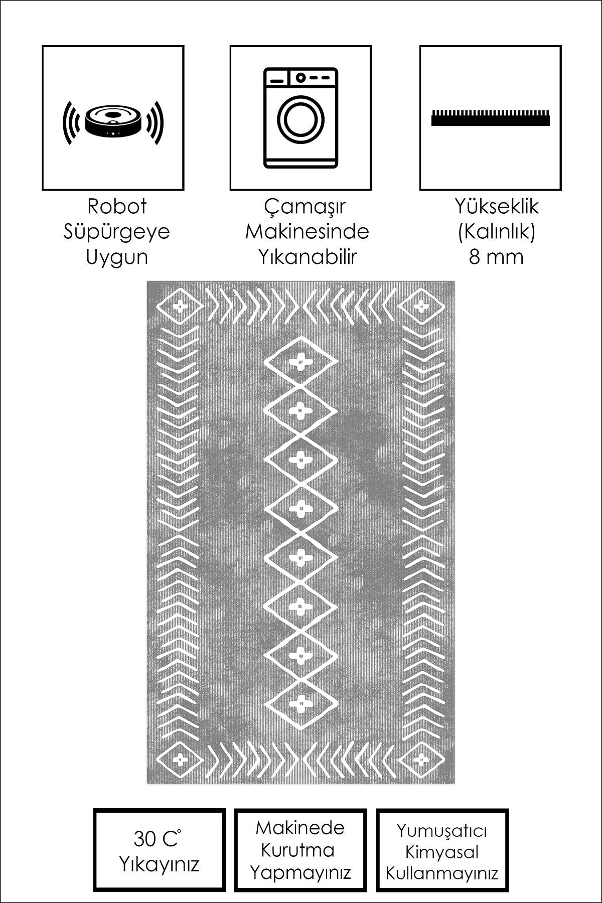 West Home Dijital Baskılı Yıkanabilir Kaymaz Taban Salon, Mutfak ve Yolluk Halısı-375 Grey