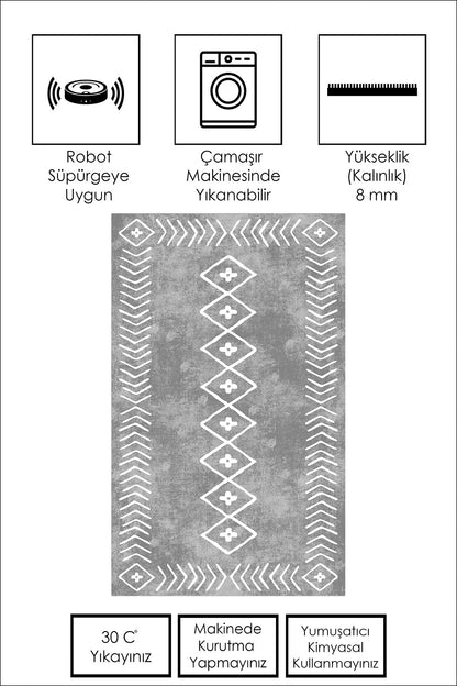 West Home Dijital Baskılı Yıkanabilir Kaymaz Taban Salon, Mutfak ve Yolluk Halısı-375 Grey