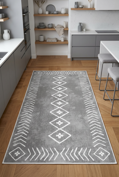 West Home Digital Print Washable Non-Slip Living Room, Kitchen and Hallway Rug - 375 Grey