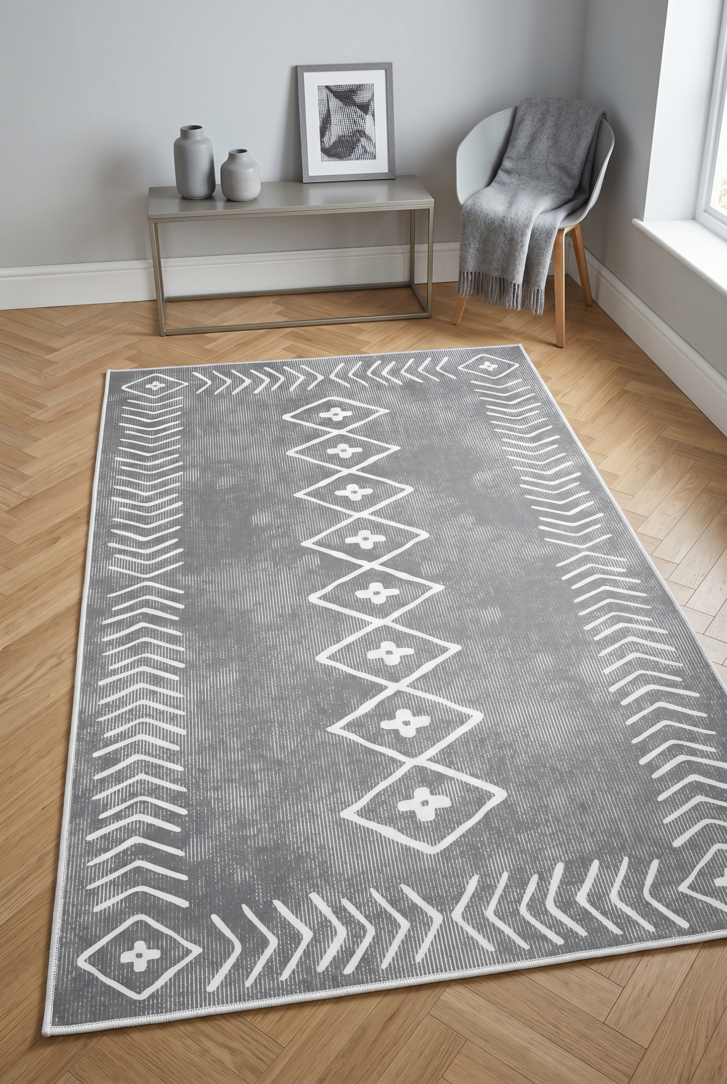 West Home Digital Print Washable Non-Slip Living Room, Kitchen and Hallway Rug - 375 Grey