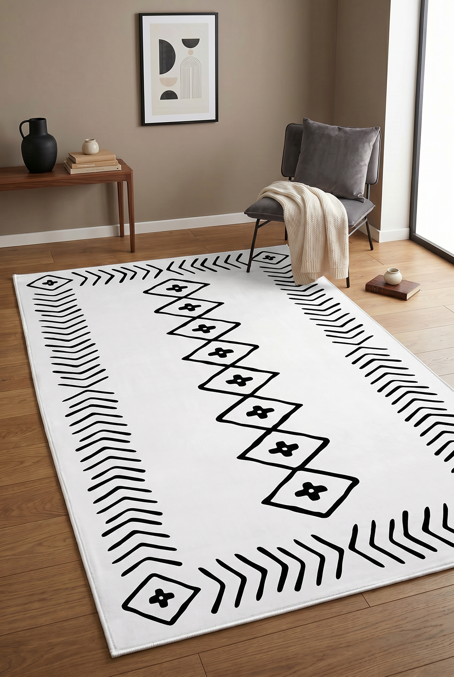 West Home Digital Print Washable Non-Slip Living Room, Kitchen and Hallway Rug - 375 White
