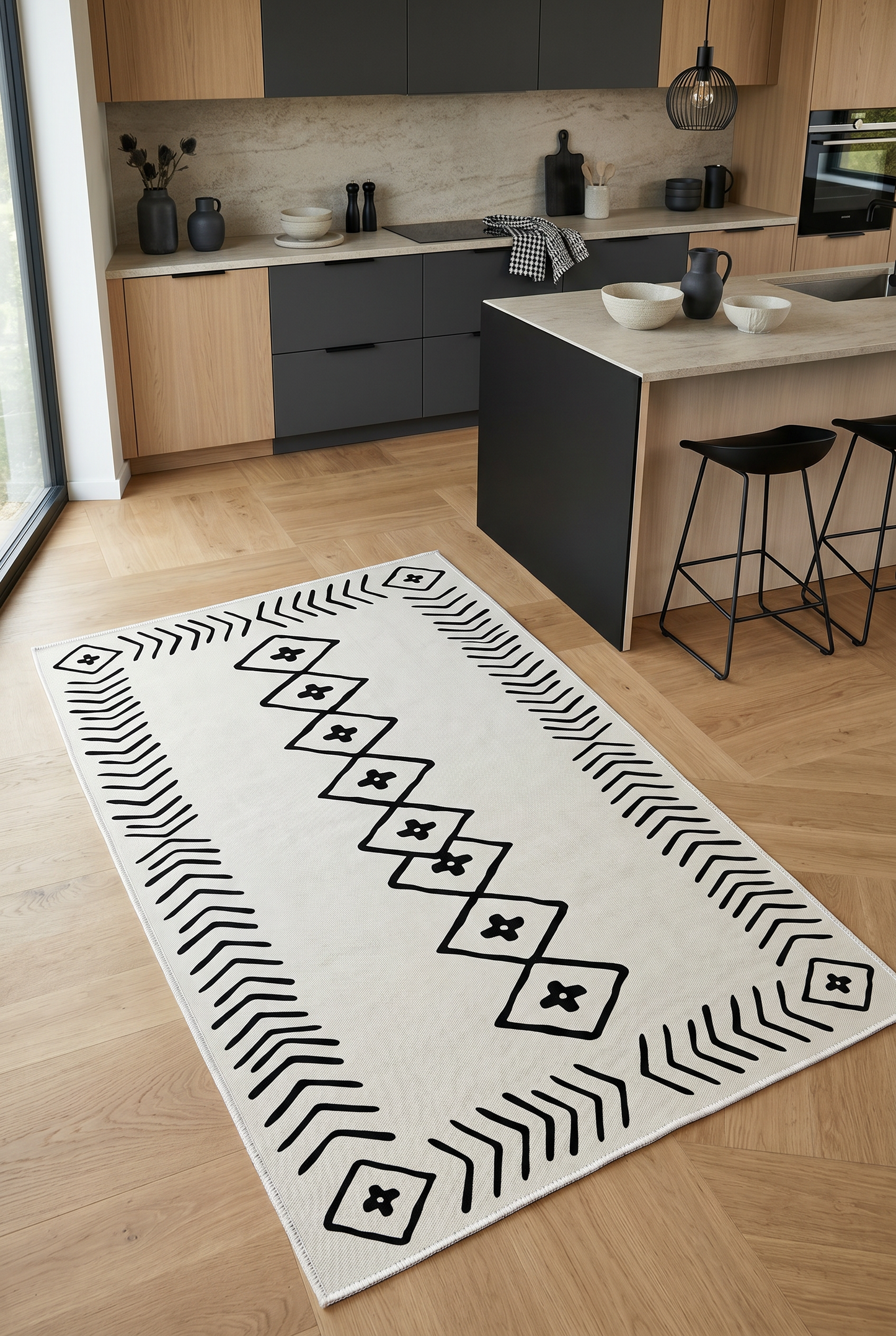 West Home Digital Print Washable Non-Slip Living Room, Kitchen and Hallway Rug - 375 White