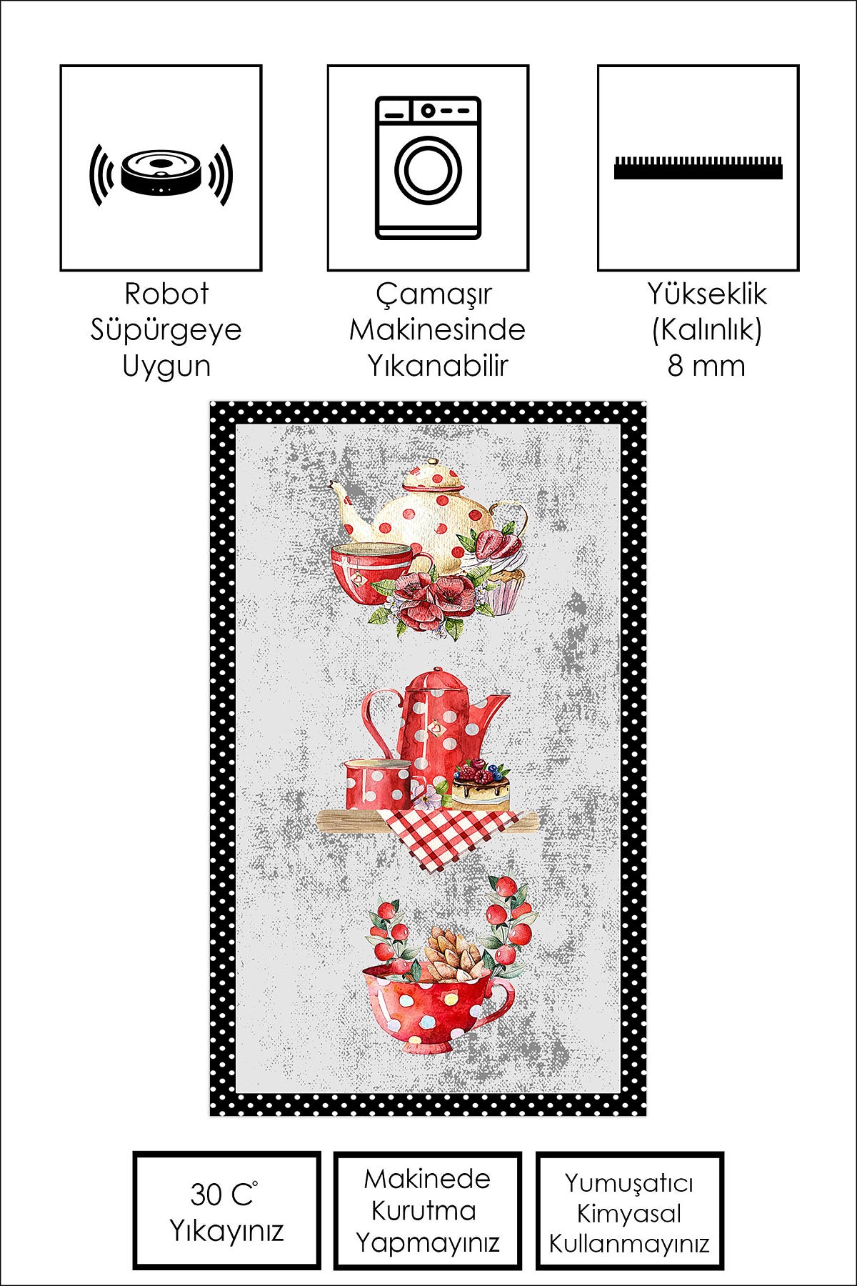 West Home Dijital Baskılı Yıkanabilir Kaymaz Taban Mutfak Halısı-391 Grey