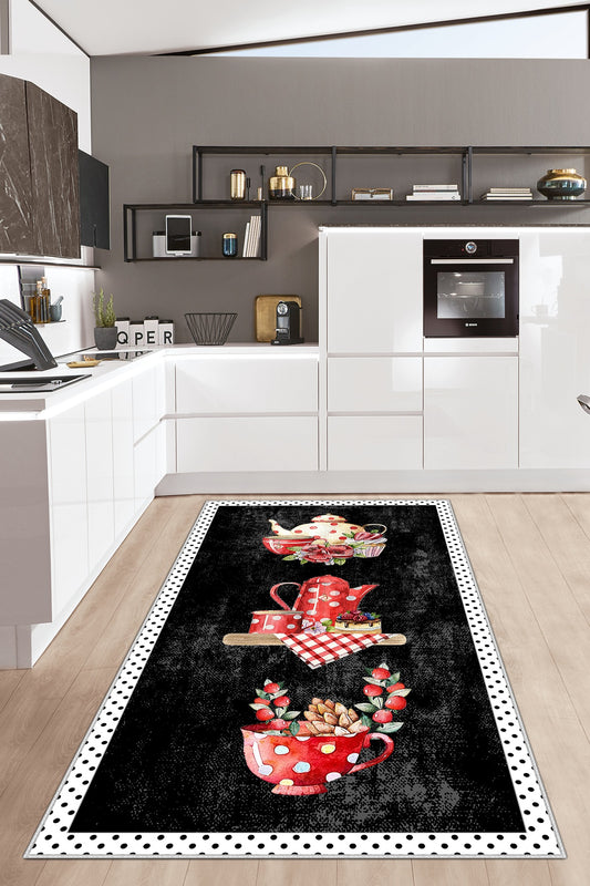 West Home Dijital Baskılı Yıkanabilir Kaymaz Taban Mutfak Halısı-391 Black