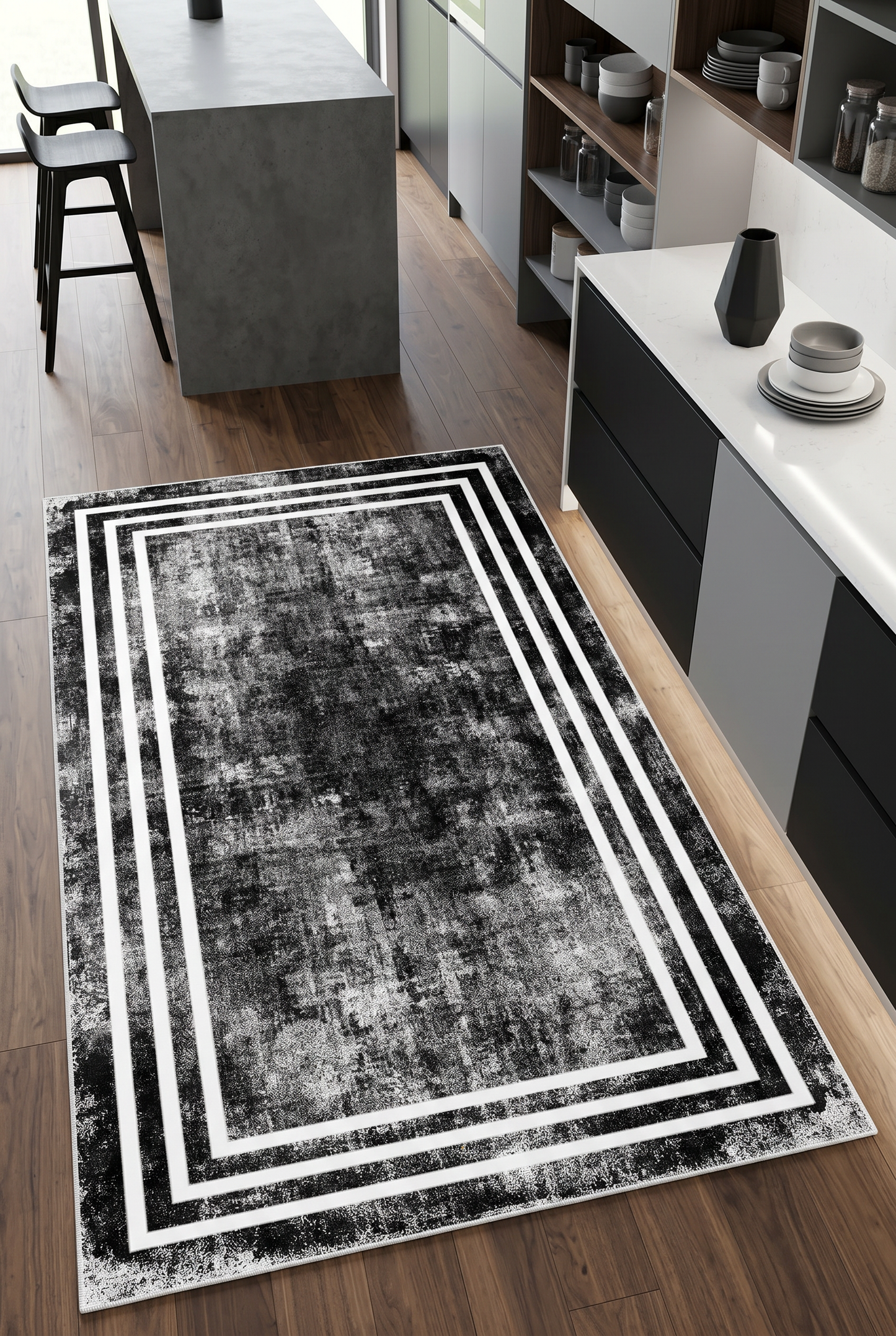 West Home Digital Print Washable Non-Slip Living Room, Kitchen and Hallway Rug - 413 Black