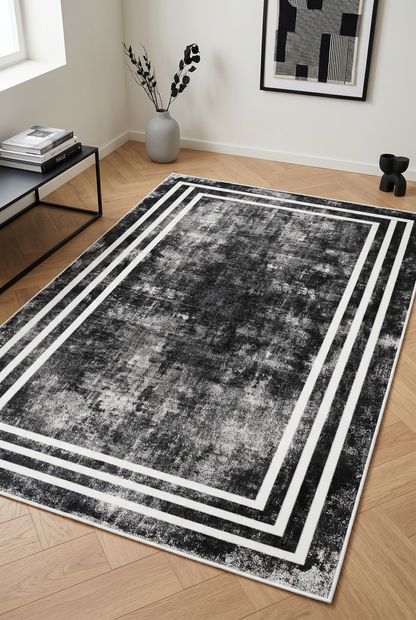 West Home Digital Print Washable Non-Slip Living Room, Kitchen and Hallway Rug - 413 Black