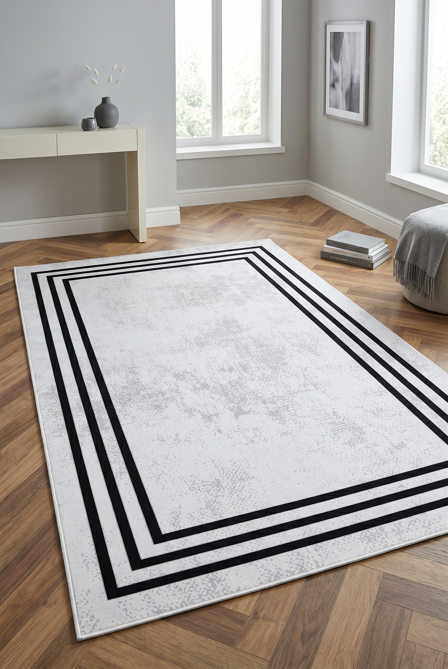 West Home Digital Print Washable Non-Slip Living Room, Kitchen and Hallway Rug - 413 White