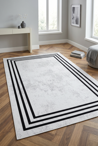 West Home Digital Print Washable Non-Slip Living Room, Kitchen and Hallway Rug - 413 White