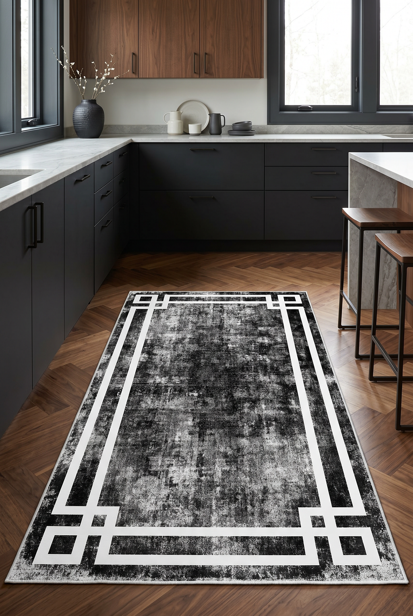 West Home Dijital Baskılı Yıkanabilir Kaymaz Taban Salon, Mutfak ve Yolluk Halısı-422 Black