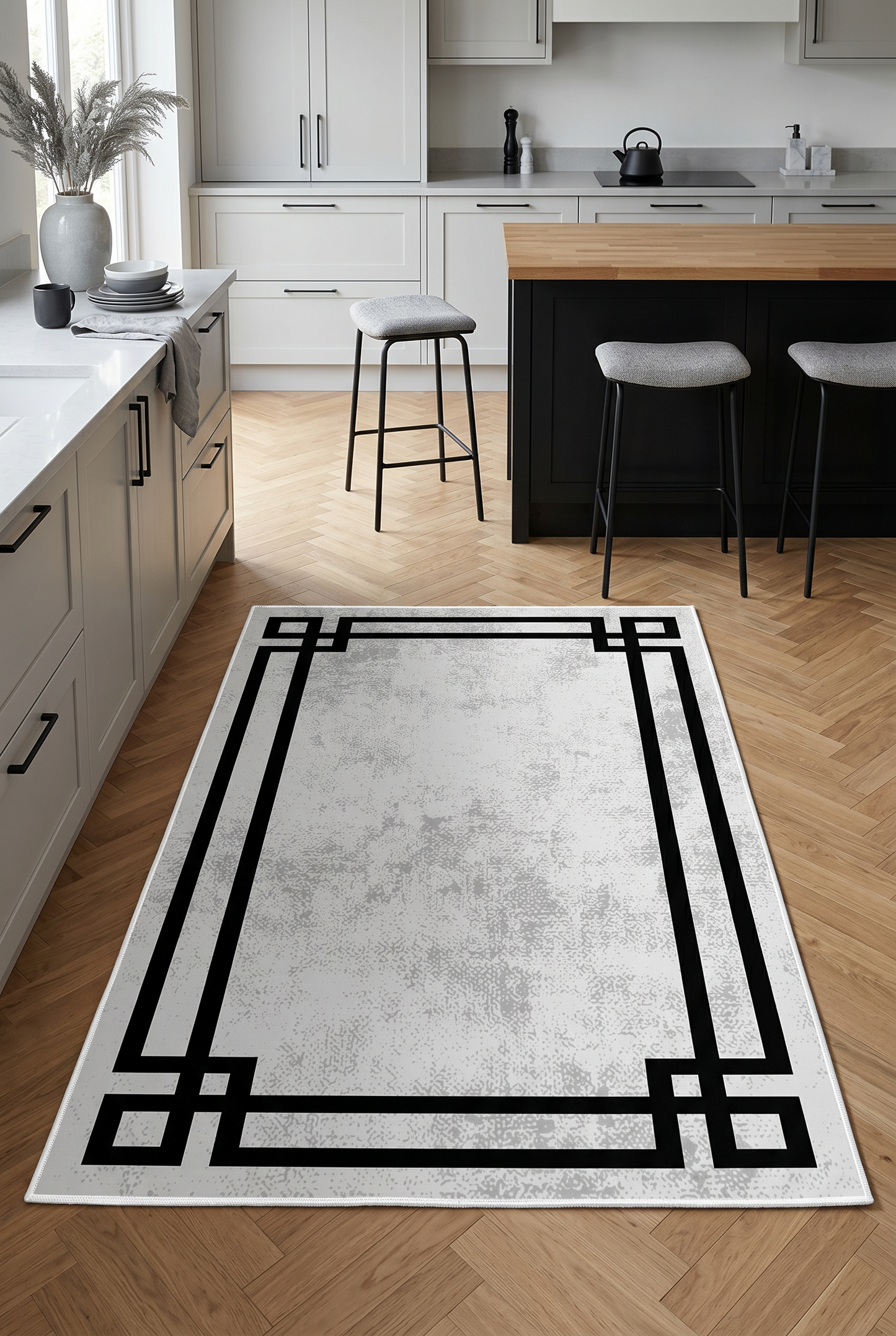 West Home Digital Print Washable Non-Slip Living Room, Kitchen and Hallway Rug - 422 White