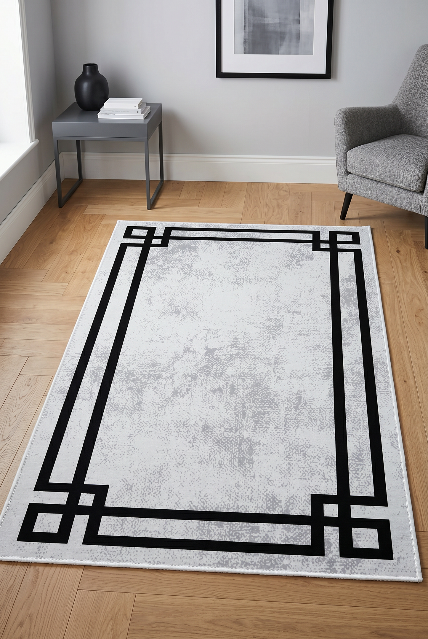 West Home Digital Print Washable Non-Slip Living Room, Kitchen and Hallway Rug - 422 White