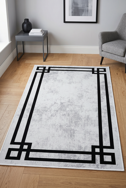 West Home Digital Print Washable Non-Slip Living Room, Kitchen and Hallway Rug - 422 White