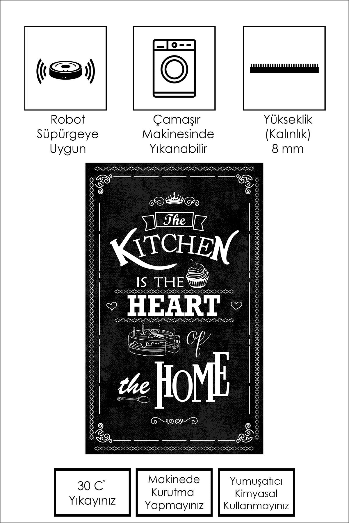 West Home Dijital Baskılı Yıkanabilir Kaymaz Taban Mutfak Halısı-424 Black