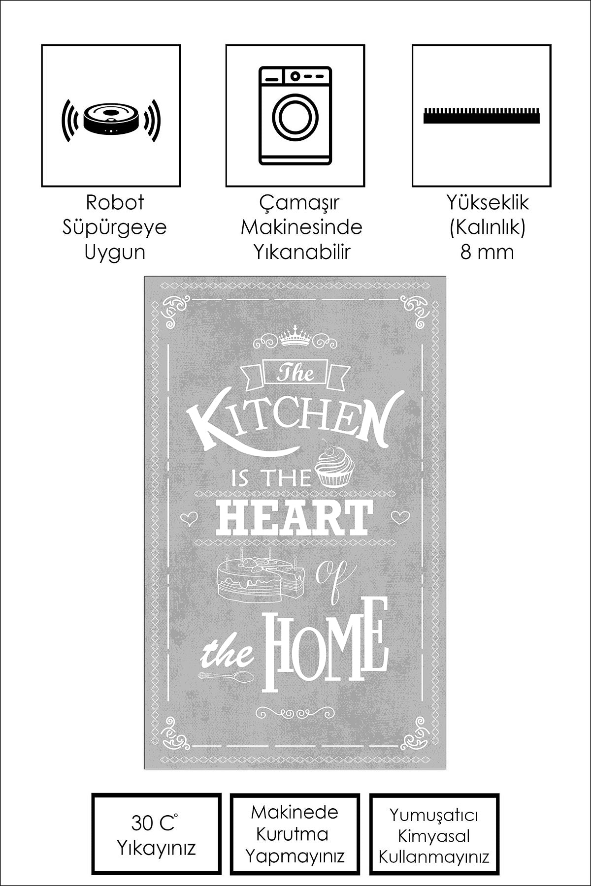 West Home Dijital Baskılı Yıkanabilir Kaymaz Taban Mutfak Halısı-424 Grey