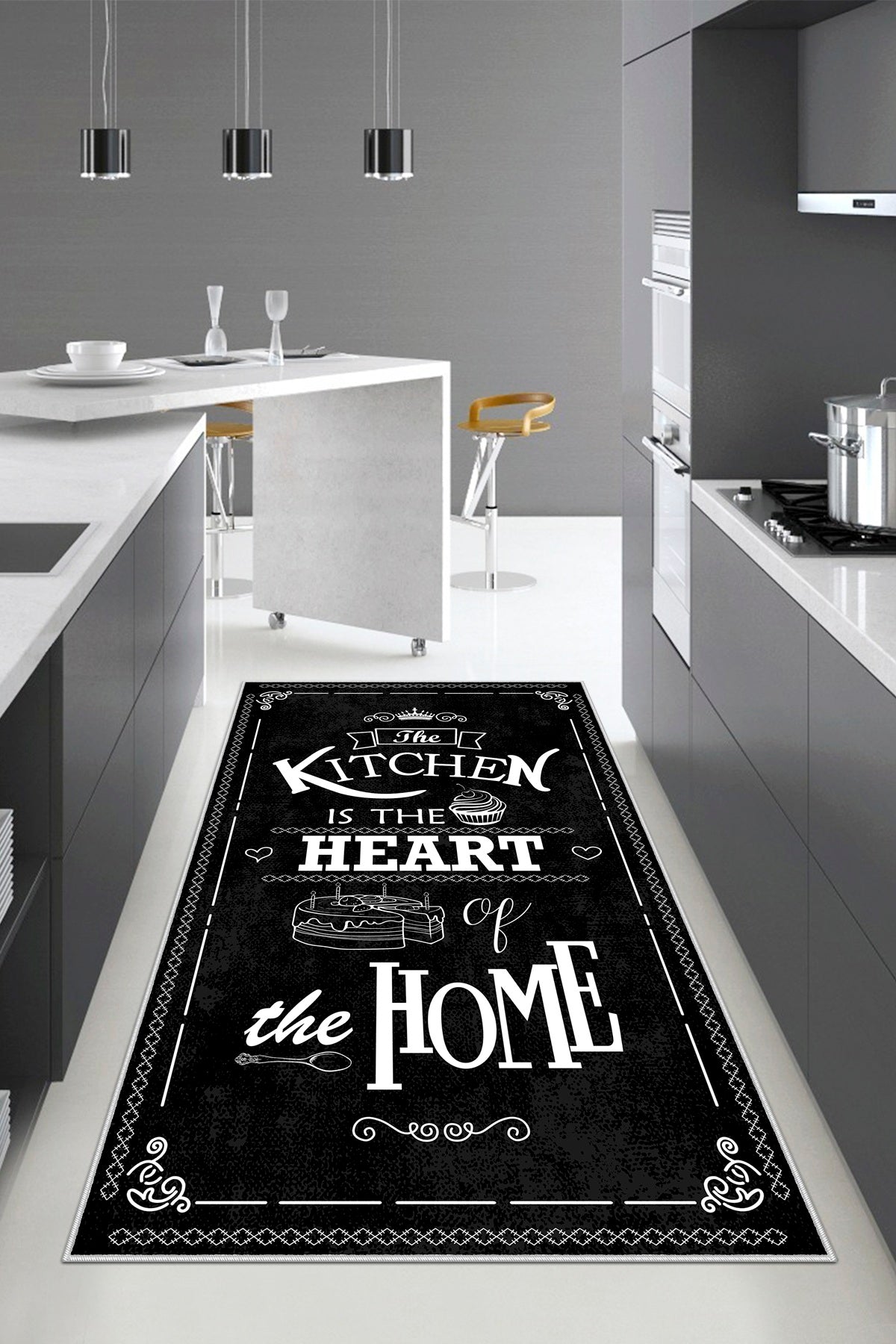 West Home Dijital Baskılı Yıkanabilir Kaymaz Taban Mutfak Halısı-424 Black