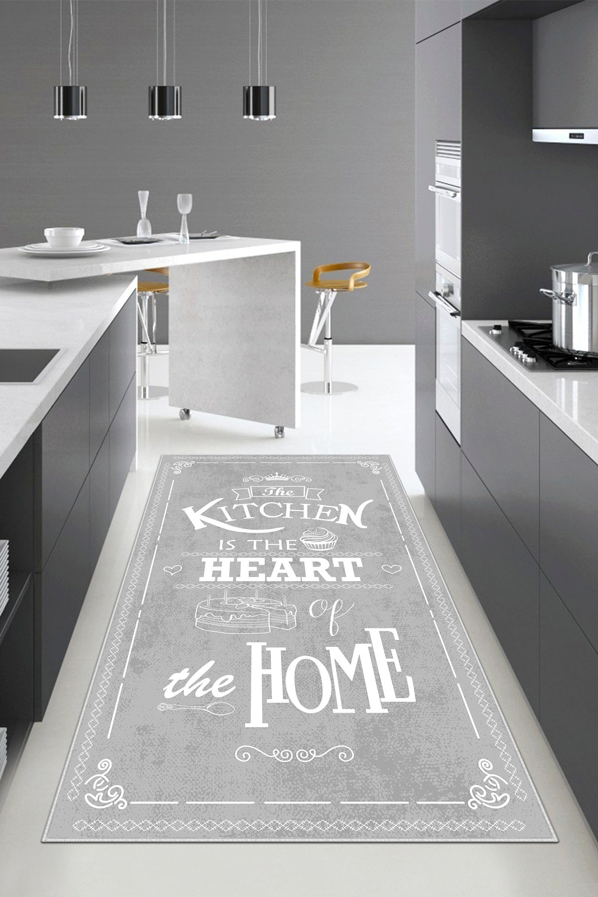 West Home Dijital Baskılı Yıkanabilir Kaymaz Taban Mutfak Halısı-424 Grey