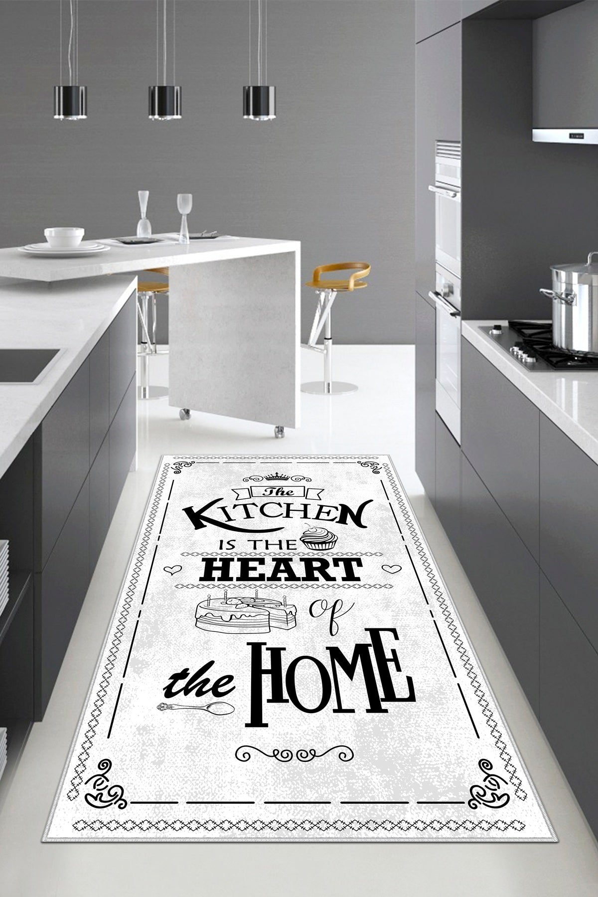 West Home Dijital Baskılı Yıkanabilir Kaymaz Taban Mutfak Halısı-424 White