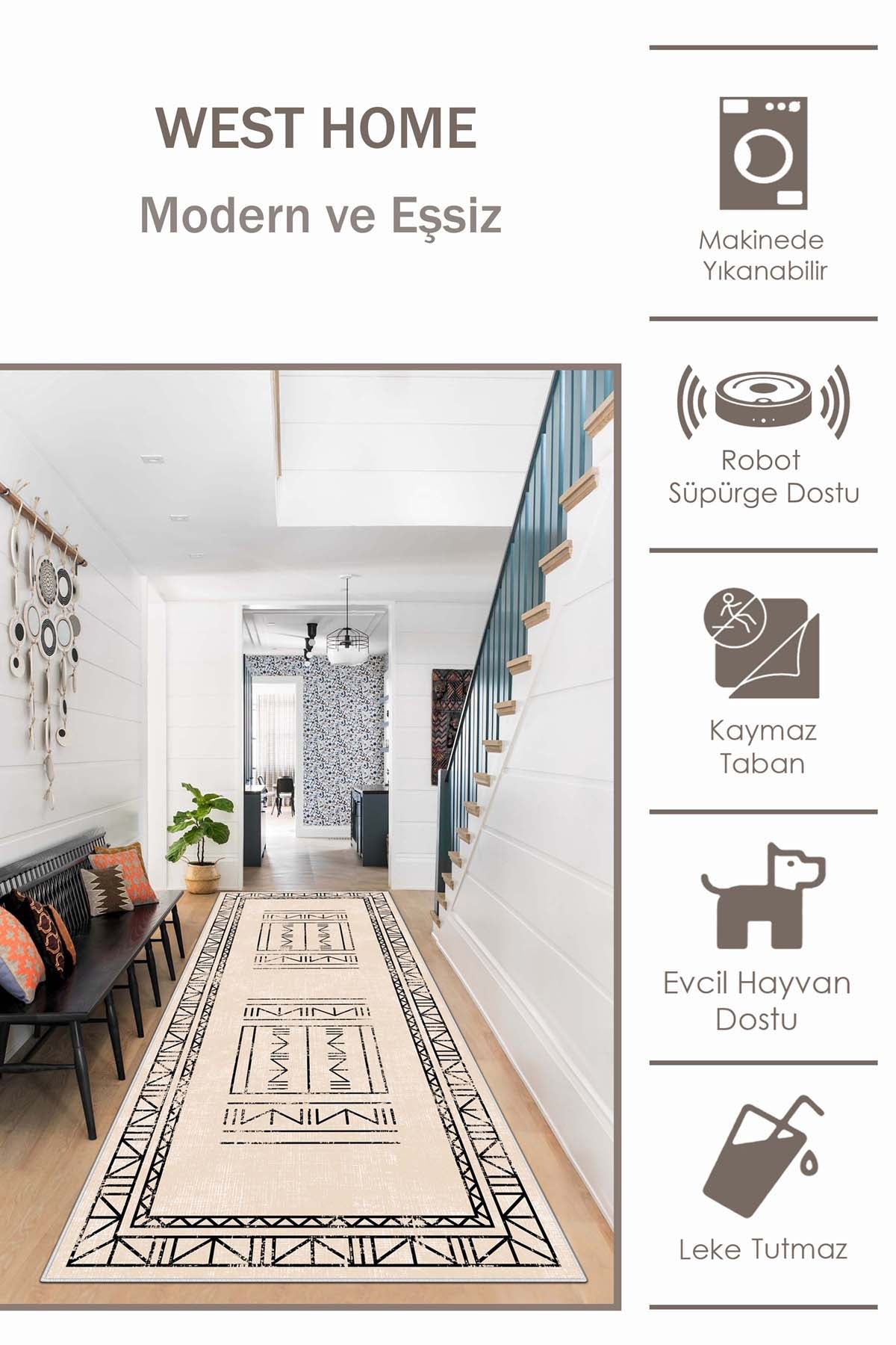 West Home Dijital Baskılı Yıkanabilir Kaymaz Taban Salon, Mutfak ve Yolluk Halısı-435 Beige