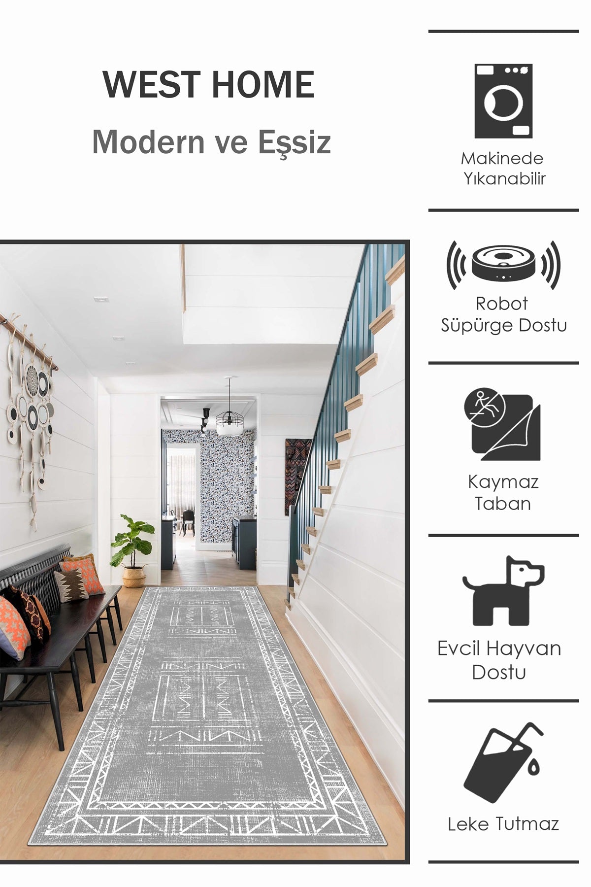 West Home Dijital Baskılı Yıkanabilir Kaymaz Taban Salon, Mutfak ve Yolluk Halısı-435 Grey
