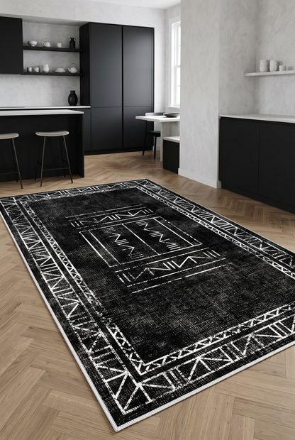 West Home Digital Print Washable Non-Slip Living Room, Kitchen and Hallway Rug - 435 Black