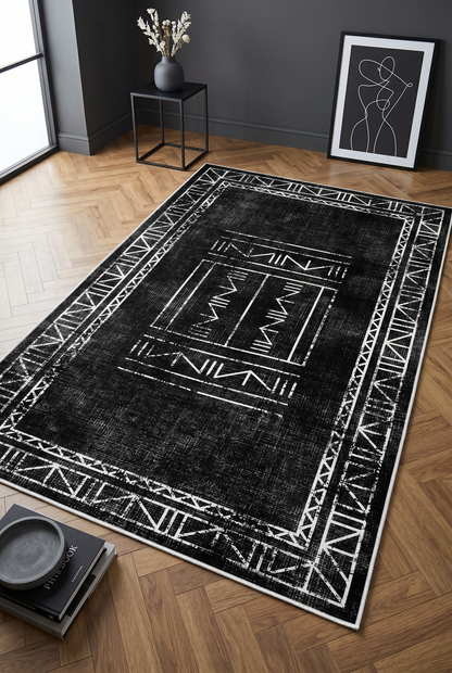 West Home Digital Print Washable Non-Slip Living Room, Kitchen and Hallway Rug - 435 Black