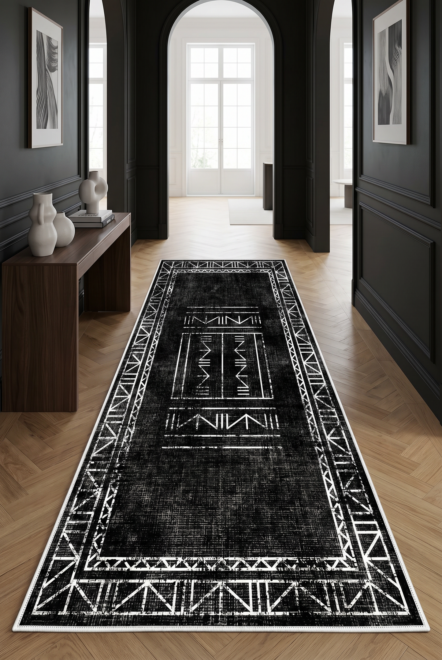West Home Digital Print Washable Non-Slip Living Room, Kitchen and Hallway Rug - 435 Black