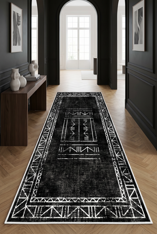 West Home Digital Print Washable Non-Slip Living Room, Kitchen and Hallway Rug - 435 Black