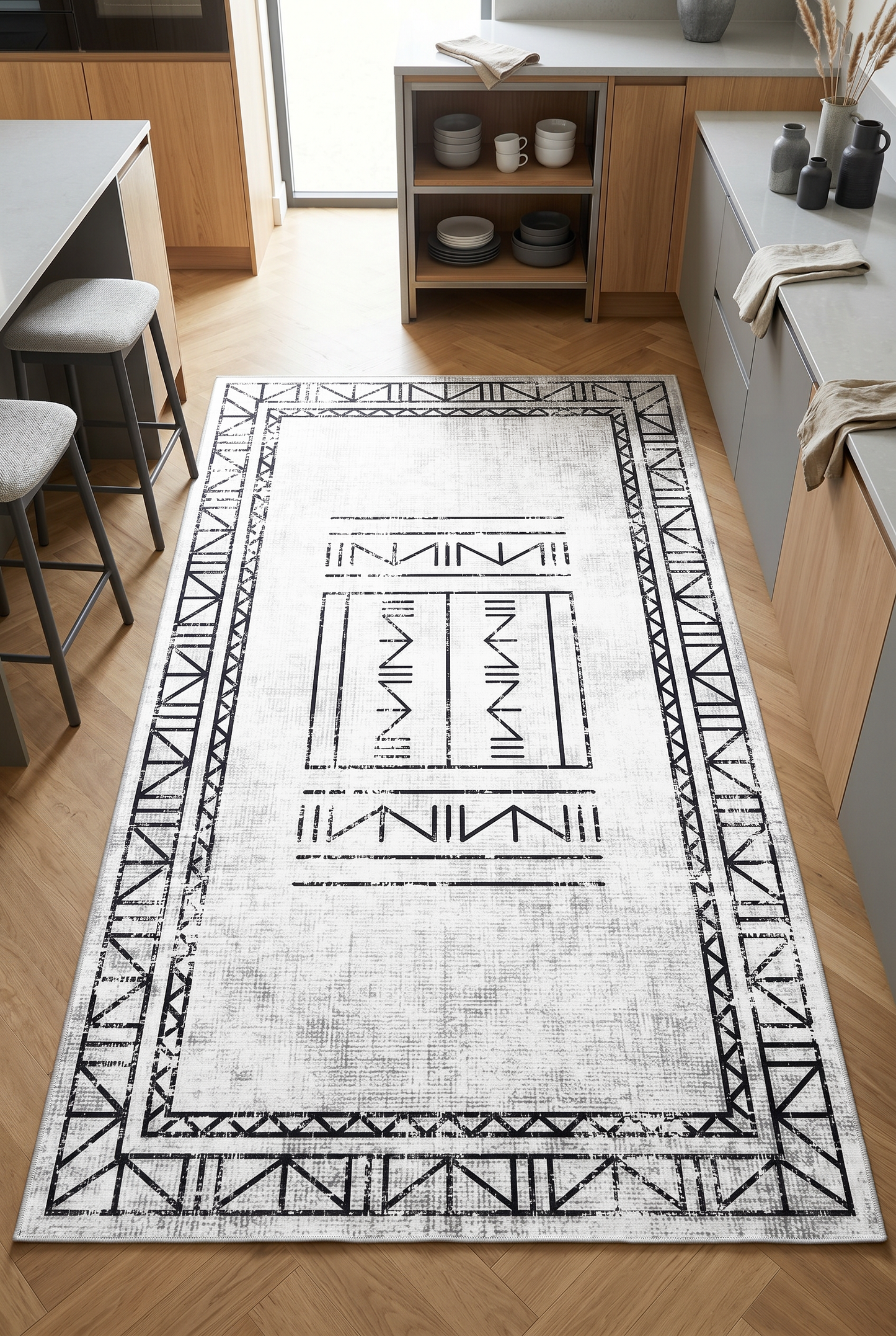 West Home Digital Print Washable Non-Slip Living Room, Kitchen and Hallway Rug - 435 White