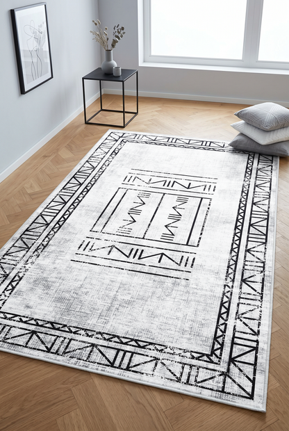 West Home Digital Print Washable Non-Slip Living Room, Kitchen and Hallway Rug - 435 White