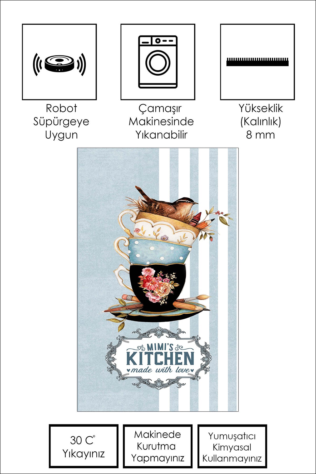 West Home Dijital Baskılı Yıkanabilir Kaymaz Taban Mutfak Halısı-436 Blue
