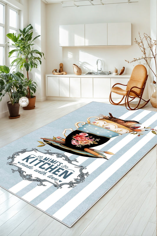 West Home Dijital Baskılı Yıkanabilir Kaymaz Taban Mutfak Halısı-436 Blue
