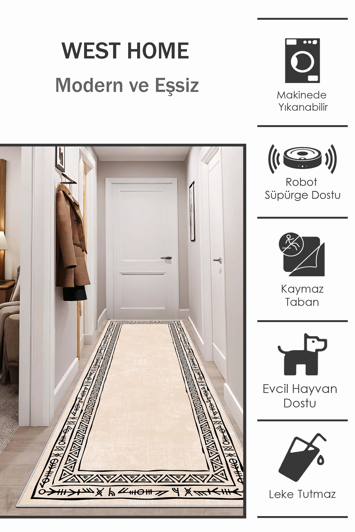 West Home Dijital Baskılı Yıkanabilir Kaymaz Taban Salon, Mutfak ve Yolluk Halısı-440 Beige