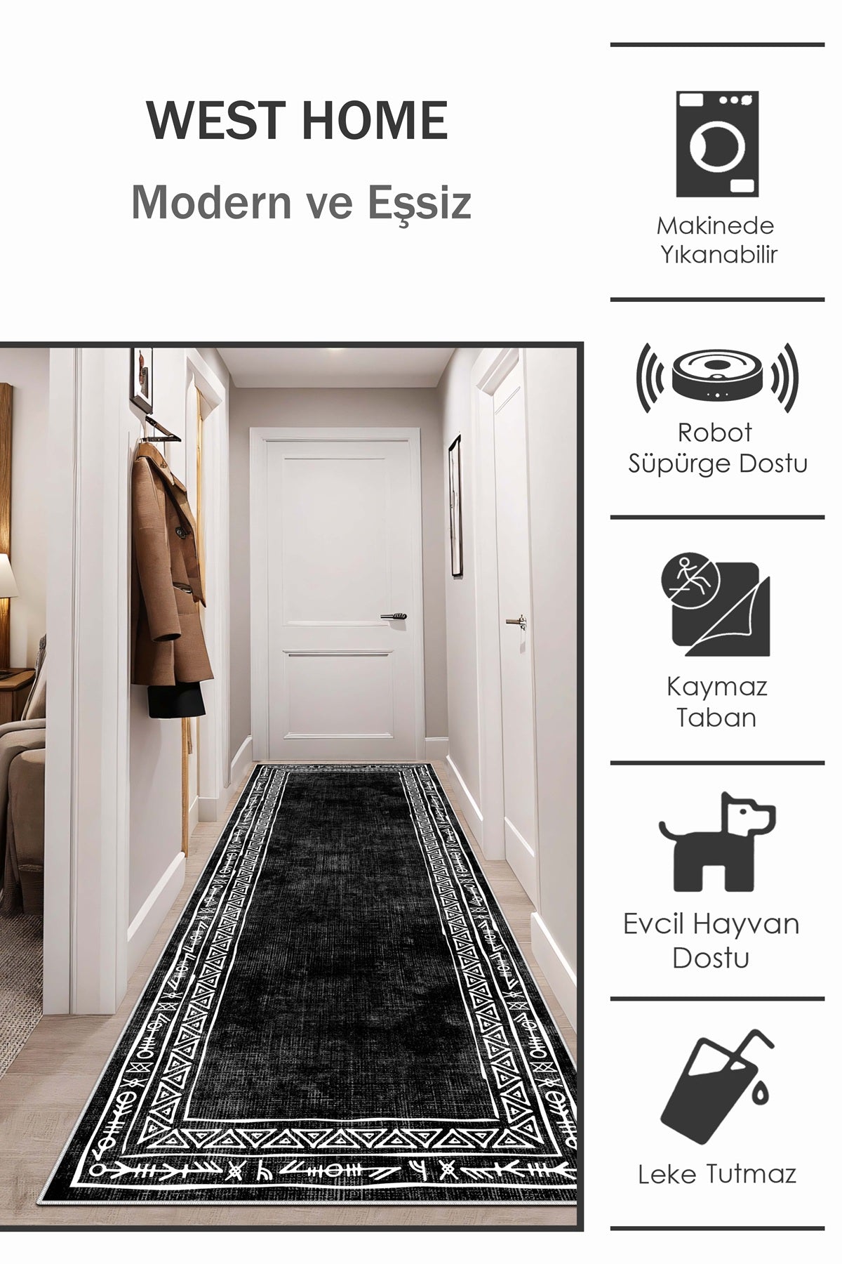 West Home Dijital Baskılı Yıkanabilir Kaymaz Taban Salon, Mutfak ve Yolluk Halısı-440 Black