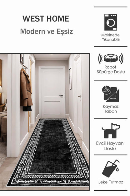 West Home Dijital Baskılı Yıkanabilir Kaymaz Taban Salon, Mutfak ve Yolluk Halısı-440 Black