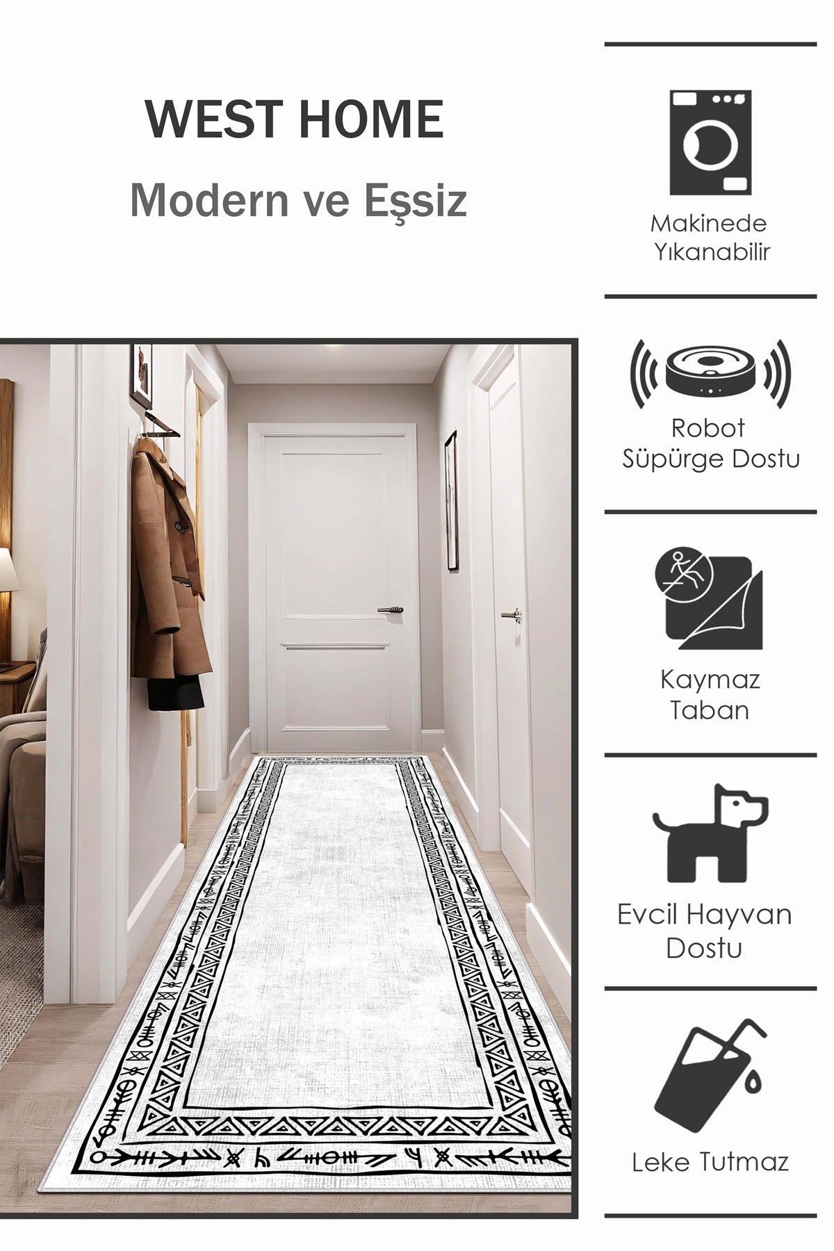 West Home Dijital Baskılı Yıkanabilir Kaymaz Taban Salon, Mutfak ve Yolluk Halısı-440 White