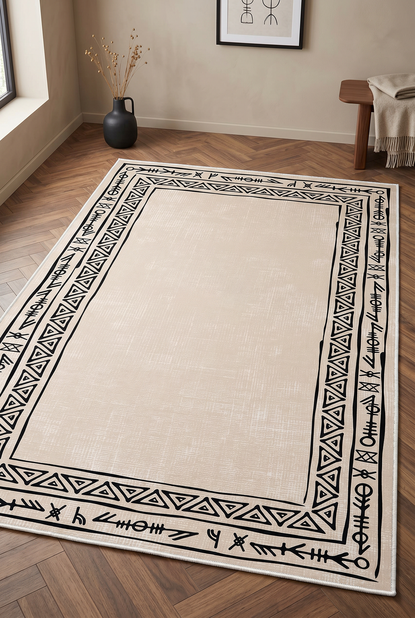 West Home Digital Print Washable Non-Slip Living Room, Kitchen and Hallway Rug - 440 Beige