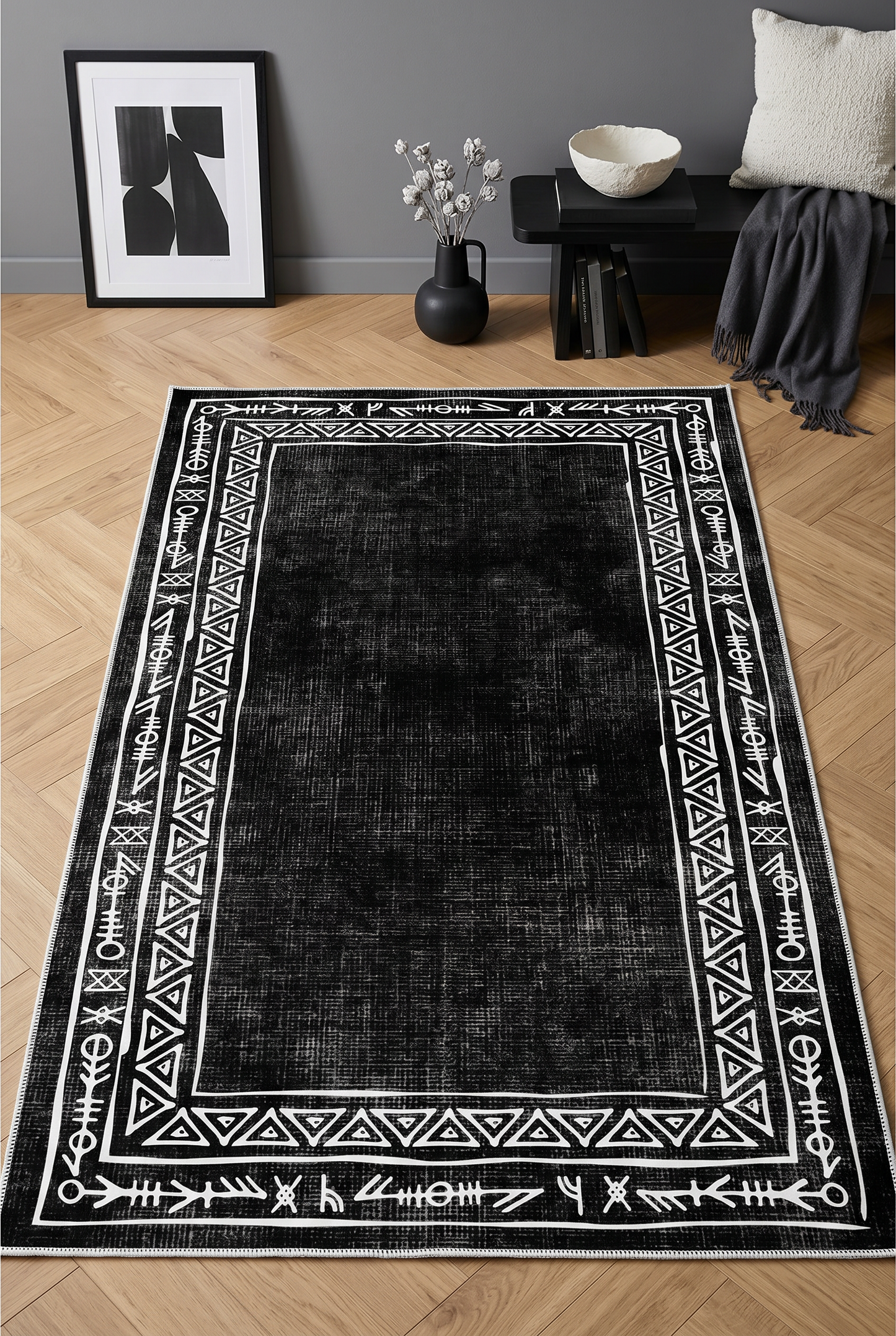 West Home Digital Print Washable Non-Slip Living Room, Kitchen and Hallway Rug - 440 Black