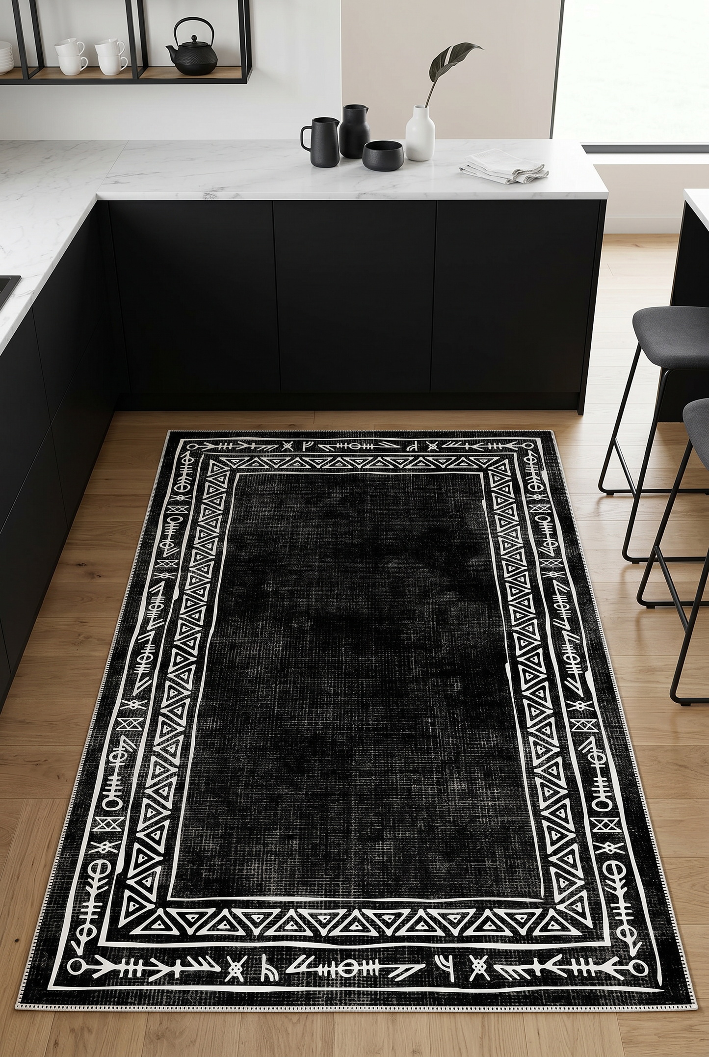 West Home Digital Print Washable Non-Slip Living Room, Kitchen and Hallway Rug - 440 Black