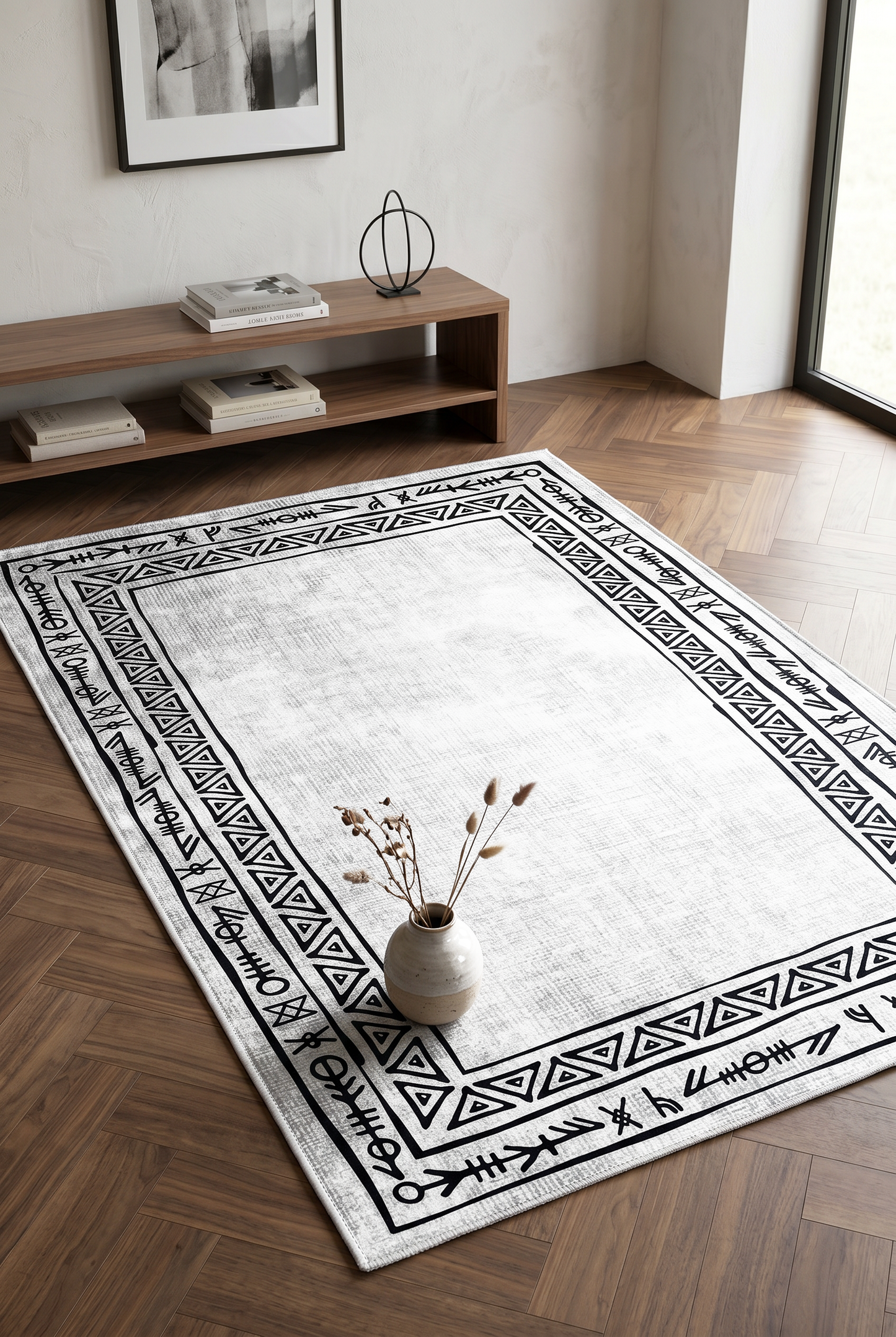 West Home Digital Print Washable Non-Slip Living Room, Kitchen and Hallway Rug - 440 White