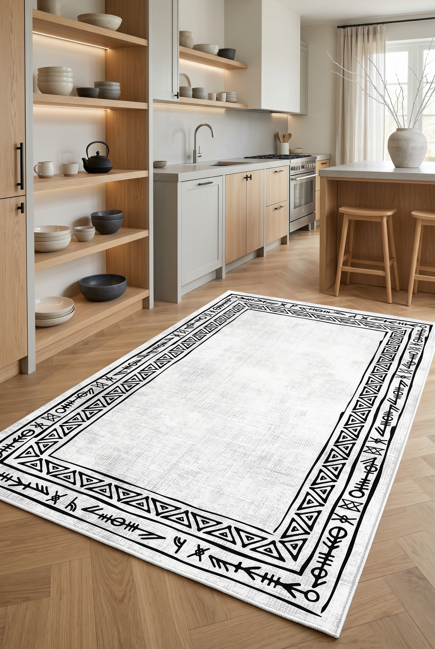 West Home Digital Print Washable Non-Slip Living Room, Kitchen and Hallway Rug - 440 White