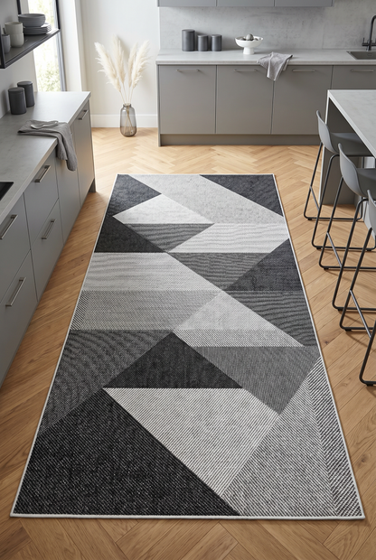 West Home Digital Print Washable Non-Slip Living Room, Kitchen and Hallway Rug - 443 Black