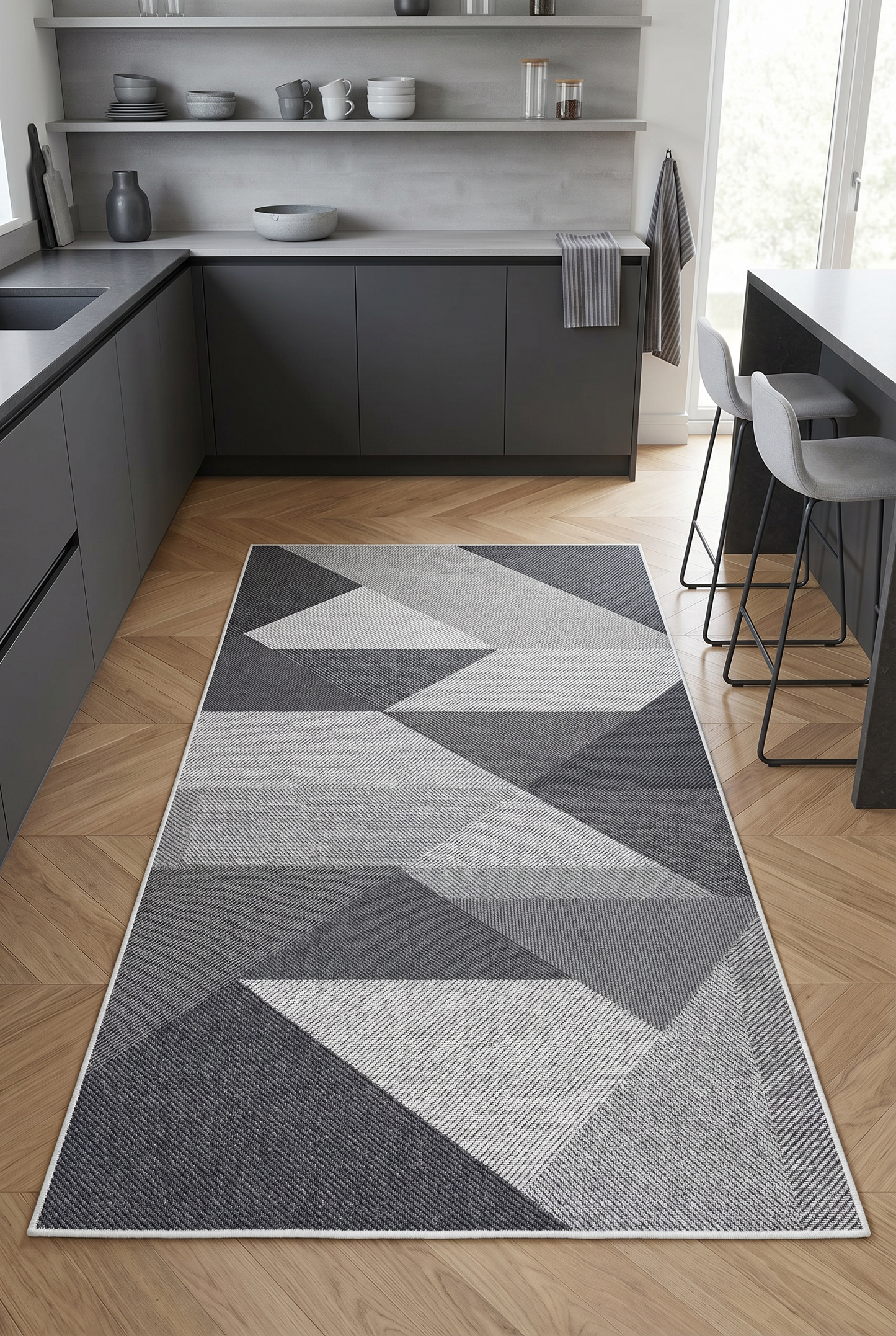 West Home Digital Print Washable Non-Slip Living Room, Kitchen and Hallway Rug - 443 Grey