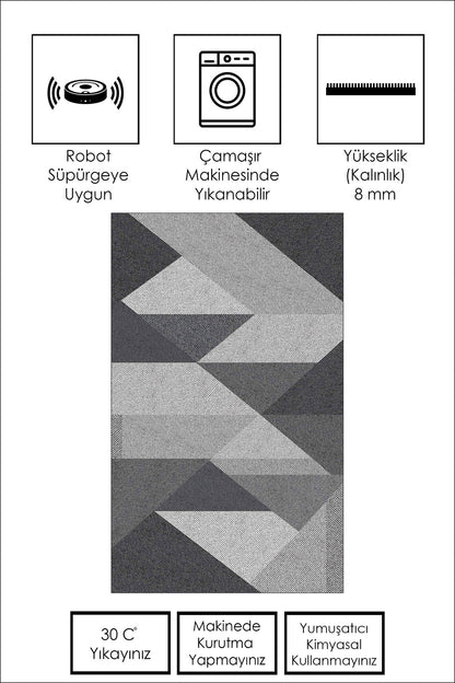 West Home Dijital Baskılı Yıkanabilir Kaymaz Taban Salon, Mutfak ve Yolluk Halısı-443 Grey