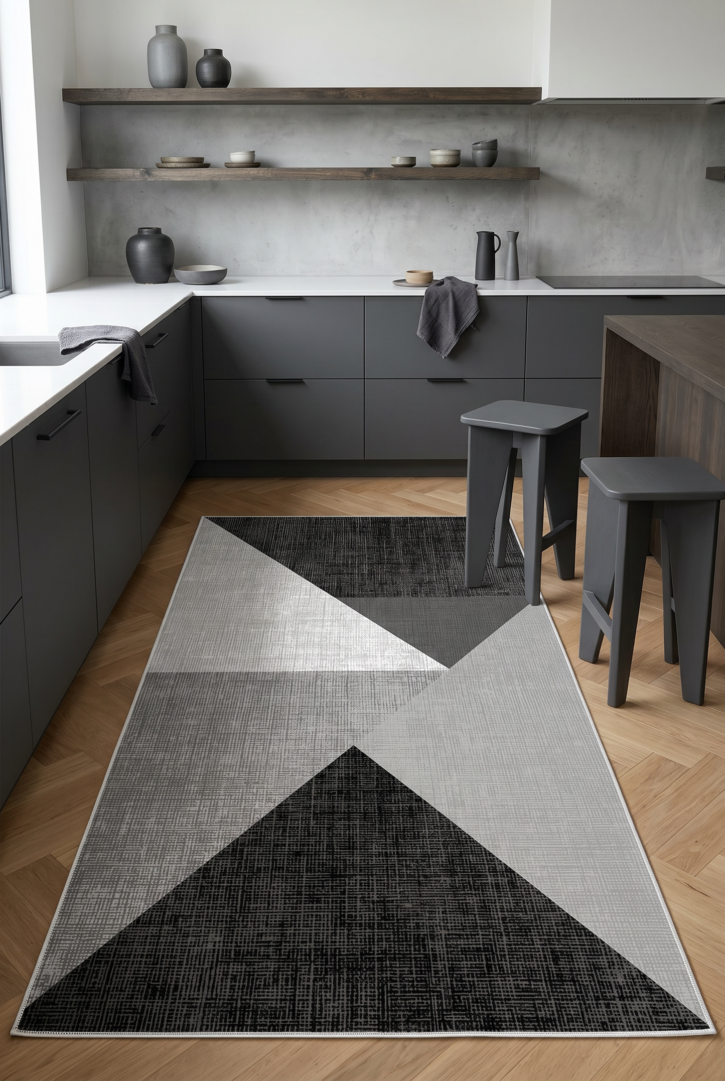 West Home Digital Print Washable Non-Slip Living Room, Kitchen and Hallway Rug - 447 Black